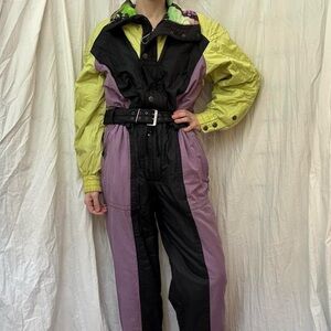 1980s Ski Suit Snowsuit by HEAD belted in purple,‎ black, yellow green size M